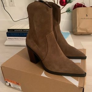 Brand new never worn brown suede ankle booties size 6 with zippers and heel